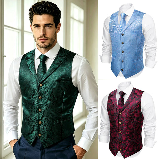 Herrenweste-Set mit Krawatte, grünem Paisley-Jacquard, mit goldenen Knöpfen und Weste im Slim-Schnitt