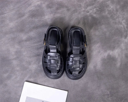 AIYUQI Sandalen Frauen Sommer 2025, Neue Echtes Leder Baotou Römischen Sandalen Damen Retro Hohl Gewebt Frauen Sandalen