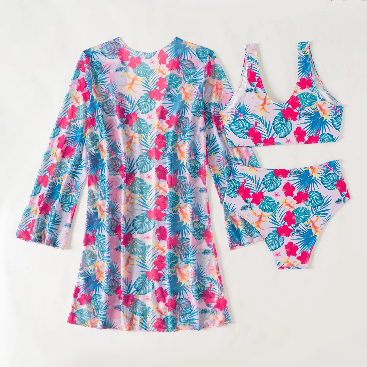 Damen-Bikini-Set mit hohem Bund und Print – dreiteiliges Badeanzug-Set für Strand und Pool