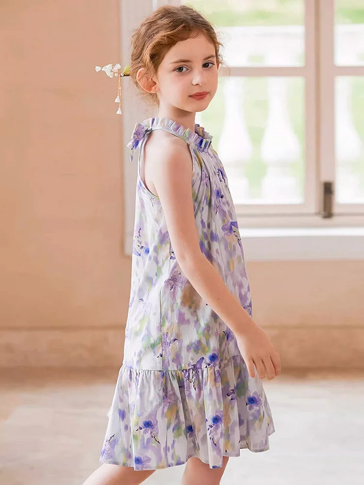 Sommerliches Mädchenkleid aus 100% Baumwolle mit kurzen Ärmeln und Tulpenblumenmuster – niedliche Freizeitkleidung für Kinder von 3 bis 14 Jahren