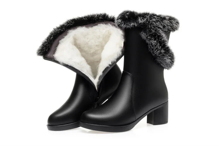 Damen Stiefel aus echtem Leder mit quadratischem Absatz und Fellfutter