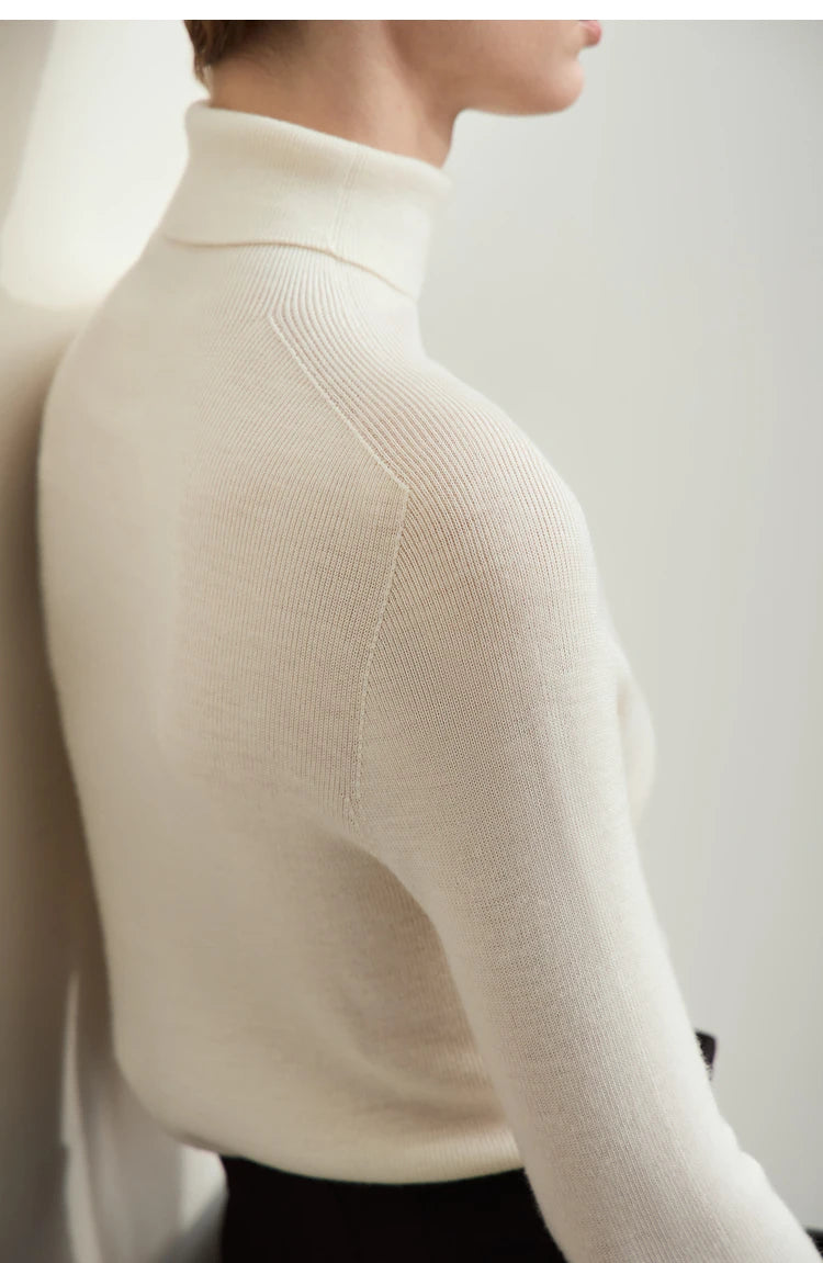 Damen-Rollkragenpullover 100 % Wolle Kammgarn schlank Winter