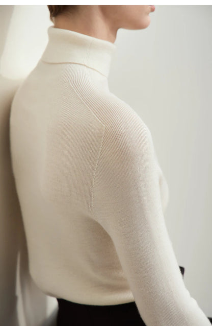 Damen-Rollkragenpullover 100 % Wolle Kammgarn schlank Winter