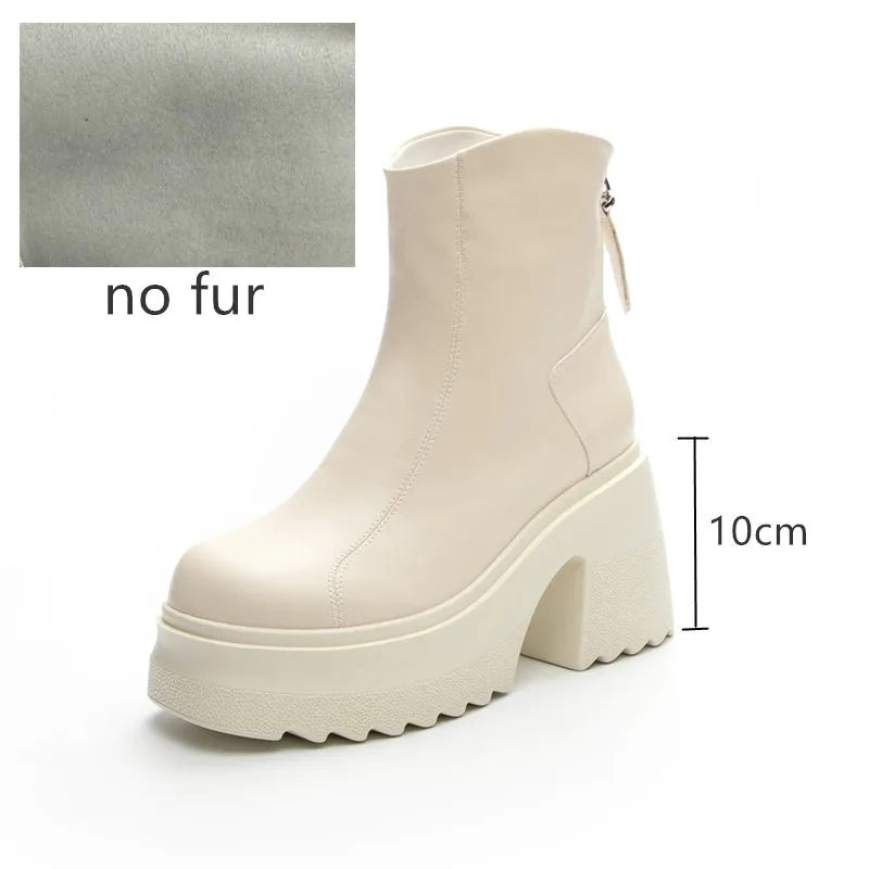 Damen-Stiefelette aus Leder ohne Fell, beige, 10-cm Blockabsatz, Plattformsohle