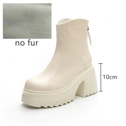 Damen-Stiefelette aus Leder ohne Fell, beige, 10-cm Blockabsatz, Plattformsohle