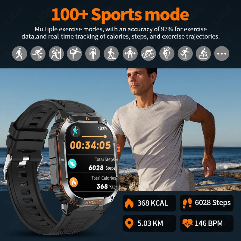 LIGE Military Taschenlampe Smart Uhr Wasserdicht Herzfrequenz Fitness Sport Anruf Erinnerung Smartwatch Für IOS Android Telefon 2025