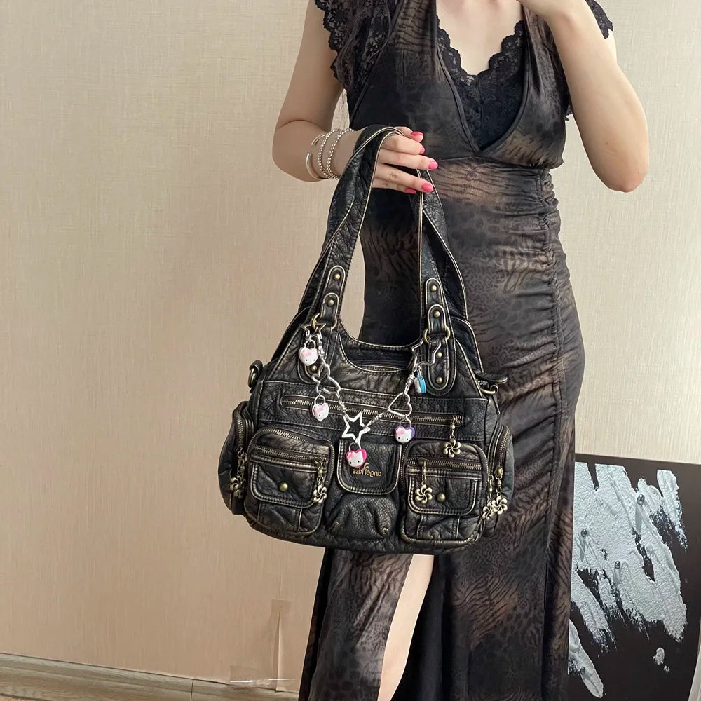 Damen-Hobo-Handtasche aus gewaschenem Leder Schwarz mit Reißverschluss und Innenfächern