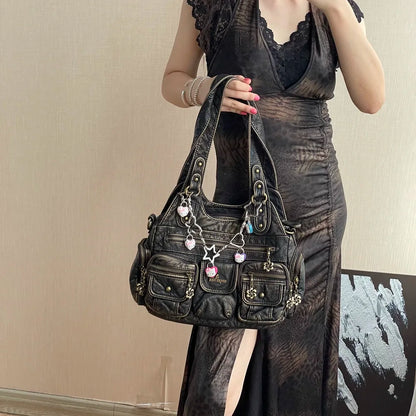 Damen-Hobo-Handtasche aus gewaschenem Leder Schwarz mit Reißverschluss und Innenfächern