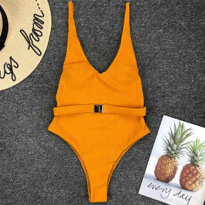 Damen-Badeanzug gerippt High-Cut Gürtel Monokini 6 Farben