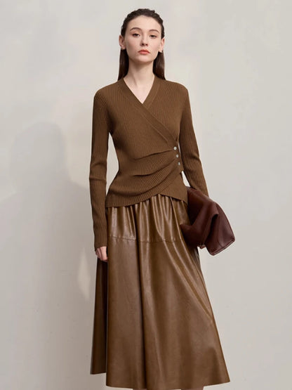 Damen V-Ausschnitt Pullover plissiert Muschelschnalle Wolle Herbst