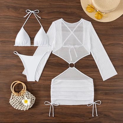 Dreiteiliger Damen-Bikini mit sexy Print und hoch tailliertem Design – ideal für Strand und Pool