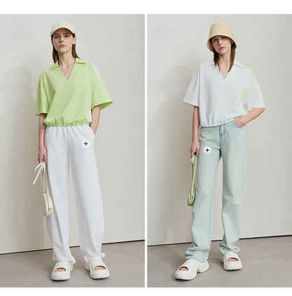 Damen T-Shirts im minimalistischen Stil mit neuem V-Ausschnitt und kurzen Ärmel