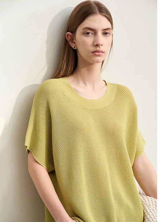 Damen-Rundhalspullover Wolle Aushöhlung locker Streetwear Sommer