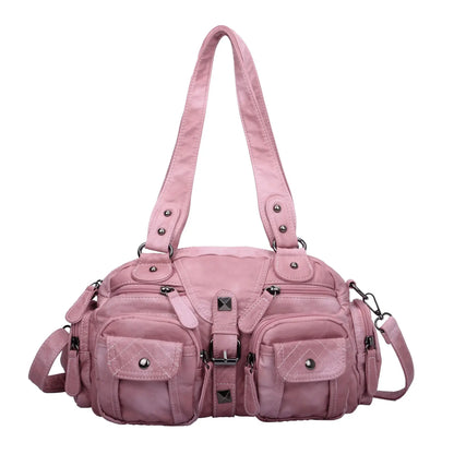 Damen-Umhängetasche aus Leder in Pink Vintage-Look mit Mehrfachfächern und Großem Fassungsvermögen