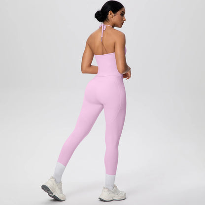 Damen-Yoga-Set in Flieder: Trägertop-Rückenpartie und Leggings mit Handytasche