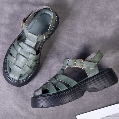 AIYUQI Sandalen Frauen Sommer 2025, Neue Echtes Leder Baotou Römischen Sandalen Damen Retro Hohl Gewebt Frauen Sandalen