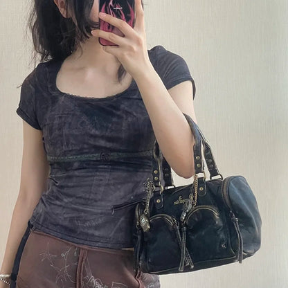 Damen-Umhängetasche in Vintage-Lederlook mit Mehrfachfächern und Top-Griff Reißverschluss