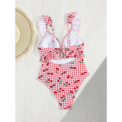 Damen Badeanzug Kirschen Karo Cut-Out Rüschen hoher Beinausschnitt Monokini