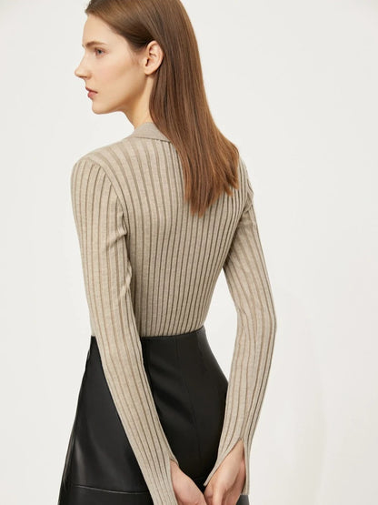 Damen-Strickjacke Polokragen Slim doppelreihig Wolle-Mix Frühling-Herbst