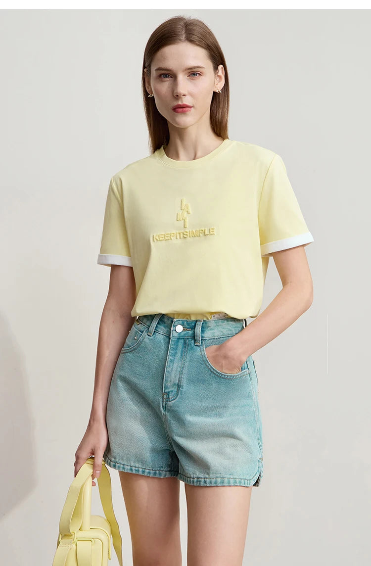 Damen Freizeit-T-Shirt mit Rundhalsausschnitt und Farbblockierung für den Sommer