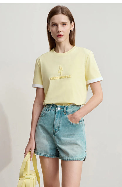 Damen Freizeit-T-Shirt mit Rundhalsausschnitt und Farbblockierung für den Sommer