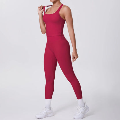 Damen-Yoga-Set: burgunderrotes Tanktop und Leggings, körperbetont, knapp über dem Knöchel