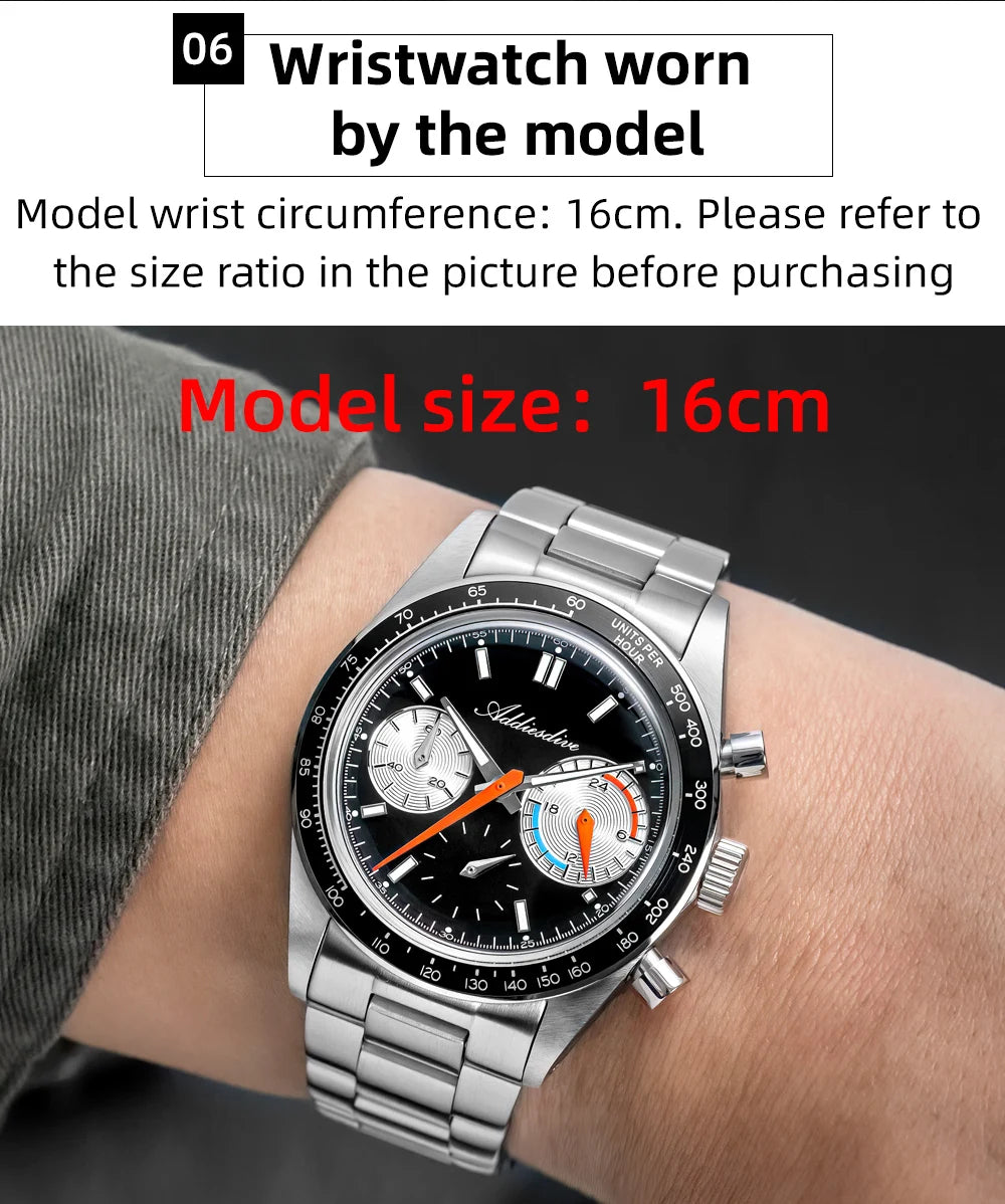 ADDIESDIVE 37mm Men Watch AD2539 BGW9 Super Luminous Chronograph Watch Bubble Mirror Glass 10Bar Waterproof VK63 Quartz Watches