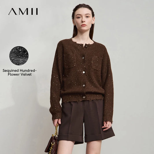 Braune Damen-Strickjacke mit Rundhalsausschnitt, Knöpfen und Glitzermuster