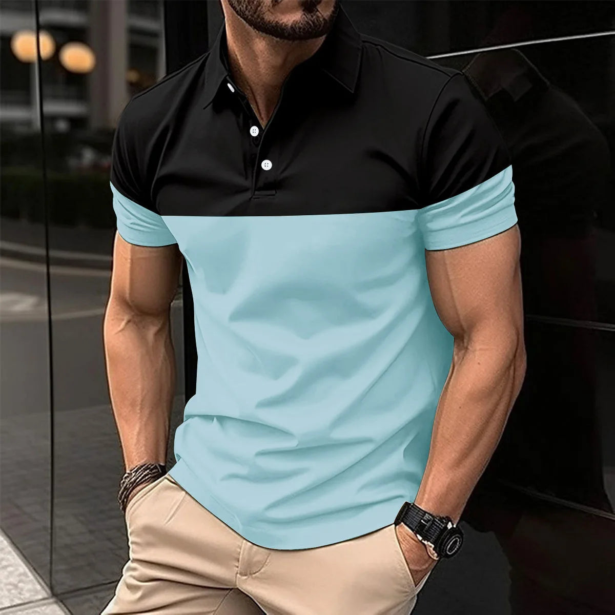 Lässiges Herren-Poloshirt mit digitalem Farbpatch-Druck und Reißverschluss am Kragen – ideal für den Sommer.