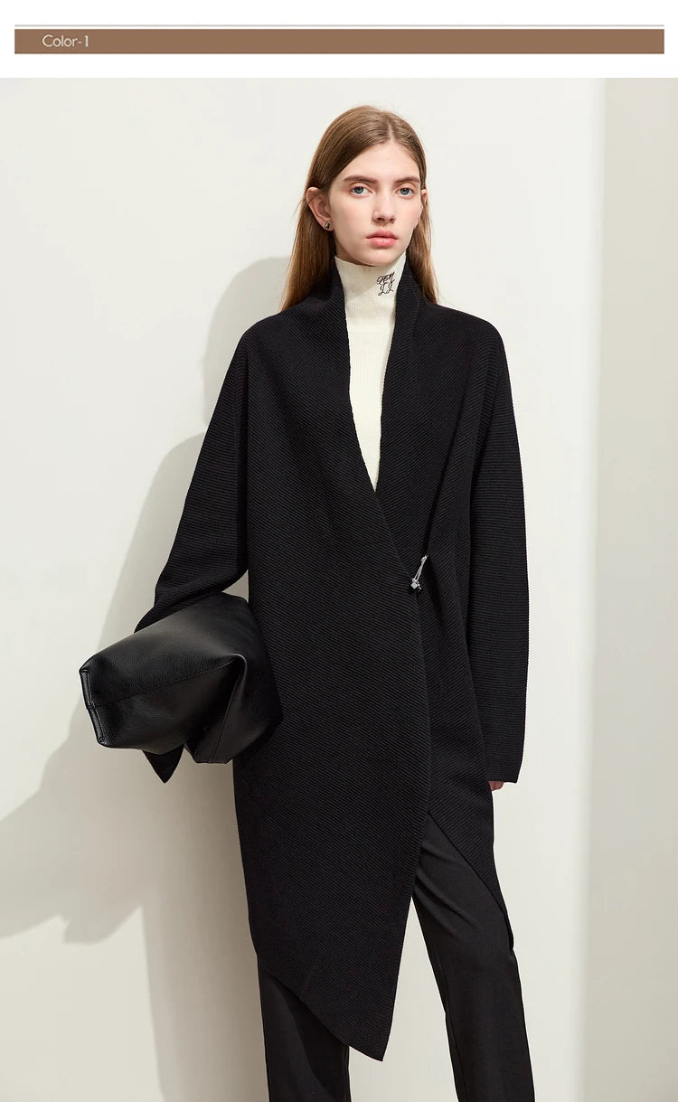 Damen-Strickjacke Wolle Umlegekragen lang locker Tasche Herbst