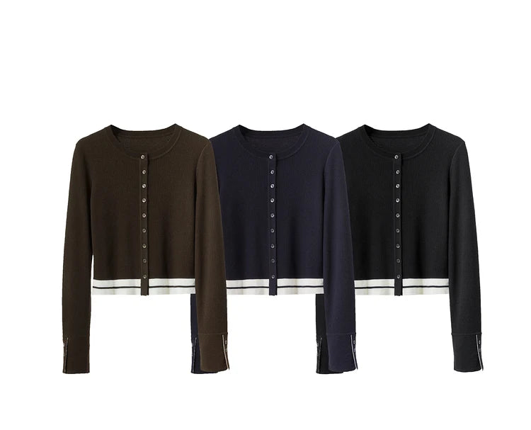 Damen-Strickjacke Rundhals Wolle Streifen kurz Pendler Slim Herbst