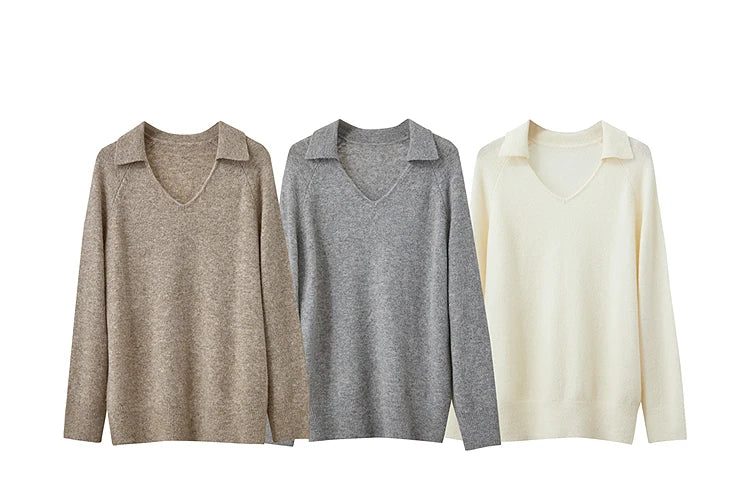Pullover-Set für Damen: beige, grau und braun meliert mit V-Ausschnitt