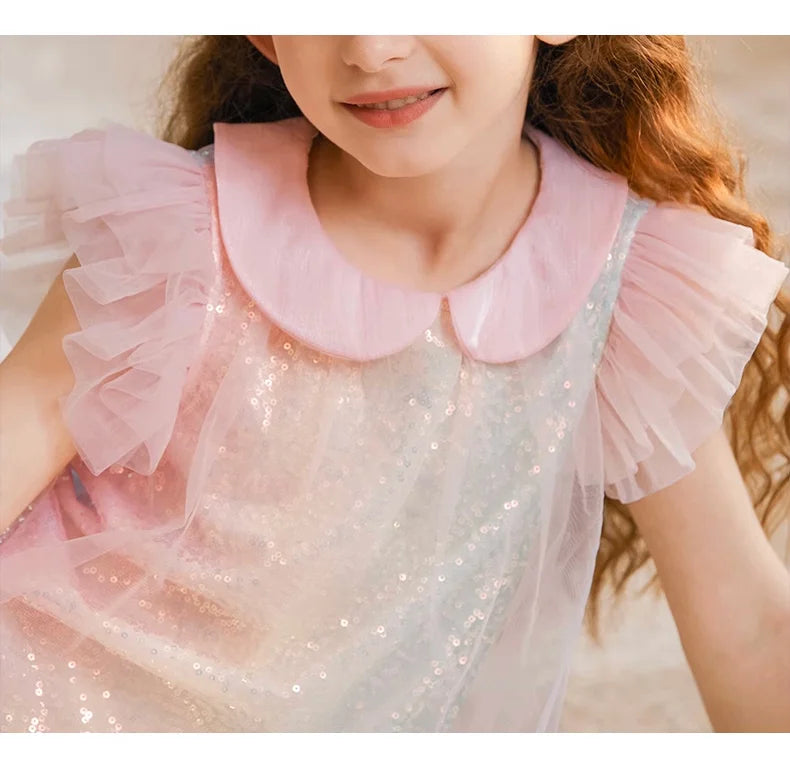 Sommerliches Mädchenkleid aus 100% Baumwolle im französischen Stil mit kurzen Ärmeln – lockere Passform für Kinder von 110cm bis 170cm