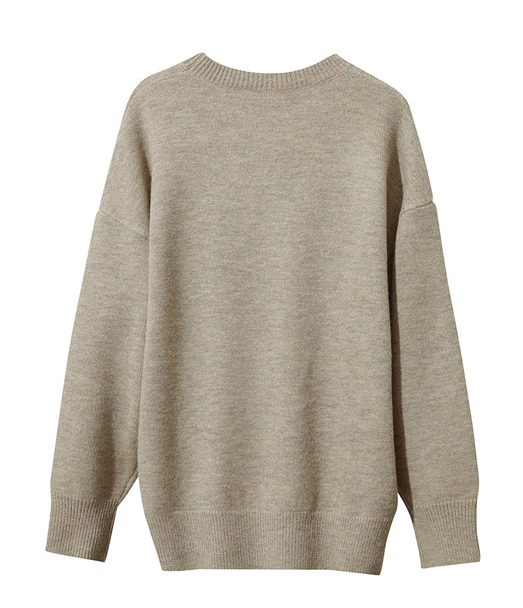Damenpullover beige (Rückansicht) mit geripptem Rundhalsausschnitt, Langarm
