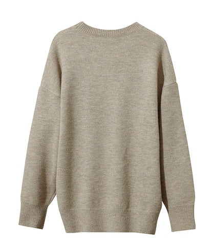Damenpullover beige (Rückansicht) mit geripptem Rundhalsausschnitt, Langarm