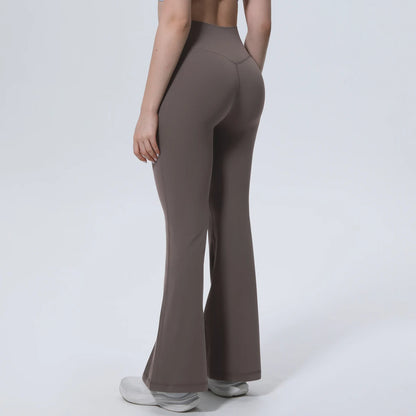 High-Waist Yoga-Leggings, braun, lang und leicht ausgestelltes Bein mit breitem Bund