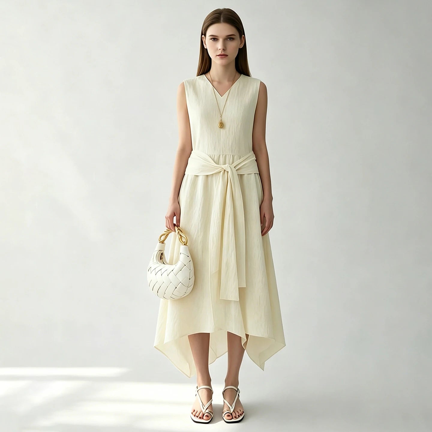 Stylisches Ärmelloses Damen Midikleid Knitterarm Mit Gürtel