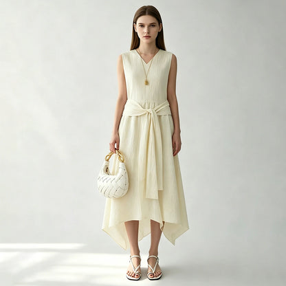 Stylisches Ärmelloses Damen Midikleid Knitterarm Mit Gürtel