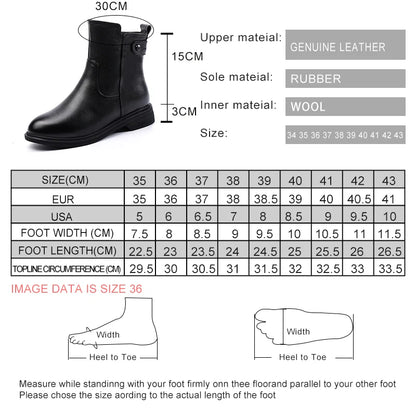 Größentabelle und Materialangaben für Kurzstiefeletten: Leder außen, Gummi, Wolle innen