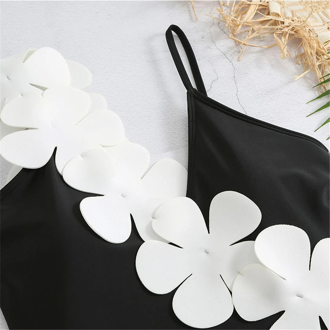 Damen Badeanzug Sarong 3D-Blumen tiefer V-Ausschnitt hoher Beinausschnitt