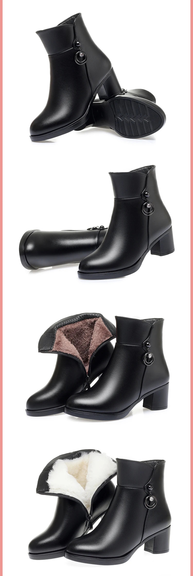 Damen-Winterstiefelette in Schwarz: Vorderansicht, Rückansicht und Innenfutter sichtbar