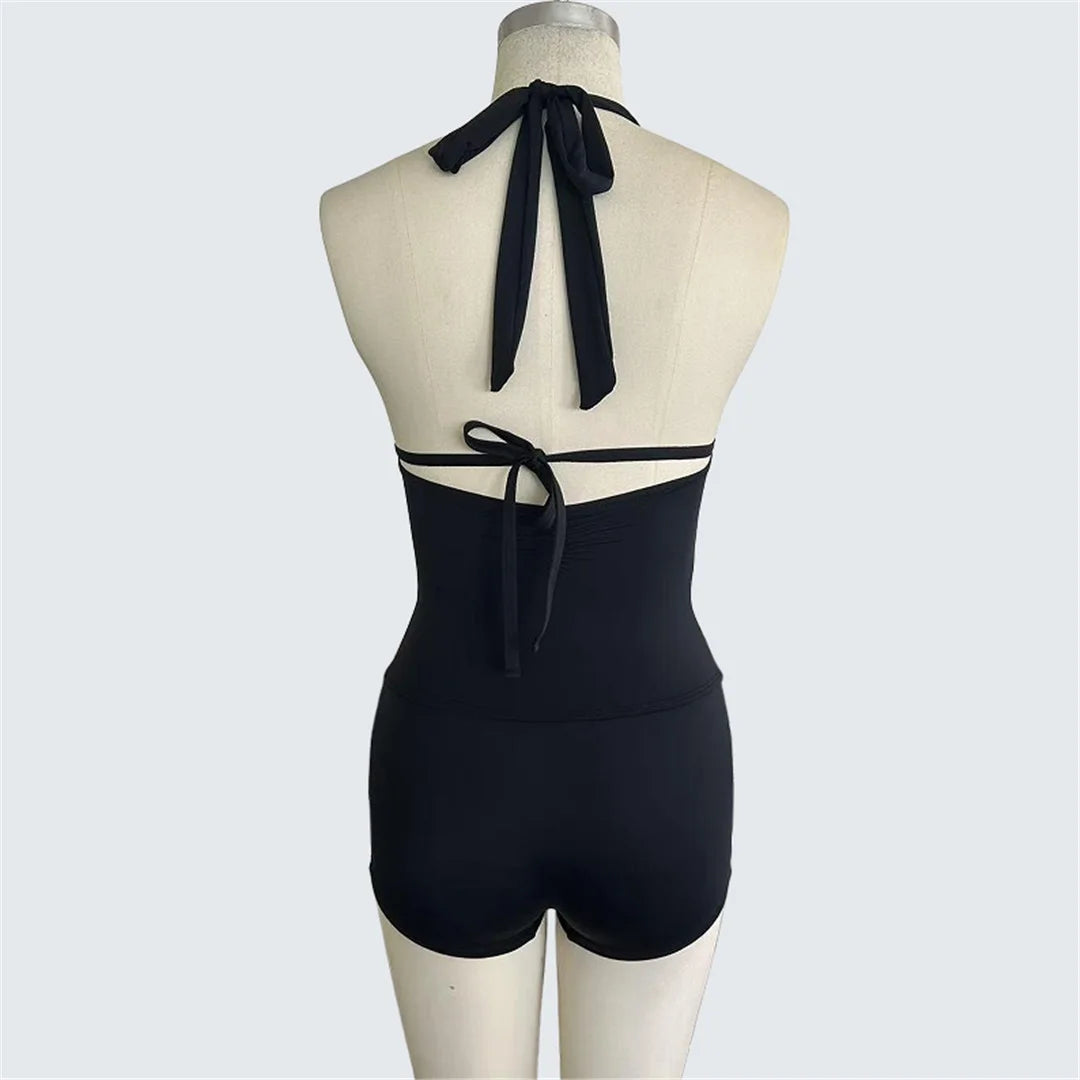 Damen-Badeanzug Neckholder V-Ausschnitt gerafft Shorts Monokini