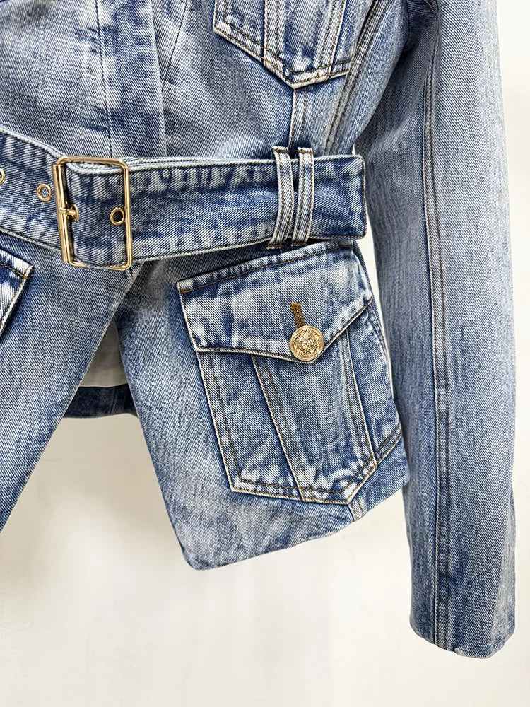 Damen-Blazer Denim Slim Gürtel Löwenknopf V-Ausschnitt Einknopf