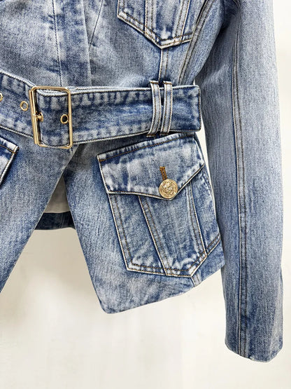 Damen-Blazer Denim Slim Gürtel Löwenknopf V-Ausschnitt Einknopf