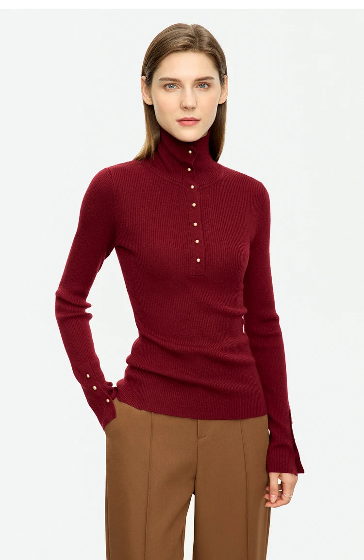 Damen-Strickjacke Rollkragen Knopfleiste Slim halboffene Front Herbst