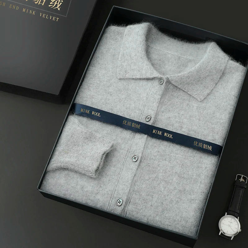 Maillard Polo-Kragen-Pullover für Herren, Herbst/Winter 2024, lässige Business-Männer, 100 % reiner Nerz-Kaschmir-Strickjacke, große Strickjacke