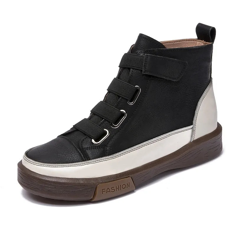 Damen Winterstiefel, schwarzes Leder mit 3 Riemen-Schnallen und weißem Profil-Absatz