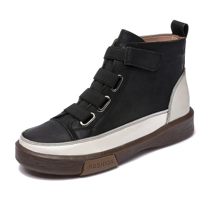 Damen Winterstiefel, schwarzes Leder mit 3 Riemen-Schnallen und weißem Profil-Absatz