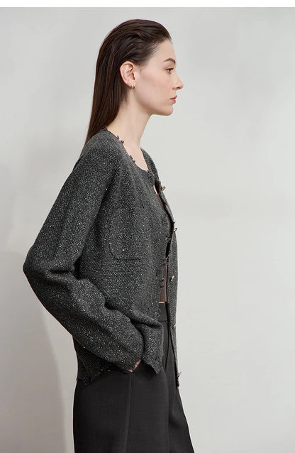 Damen-Strickjacke Rundhals englischer Stil einfarbig elegant Herbst