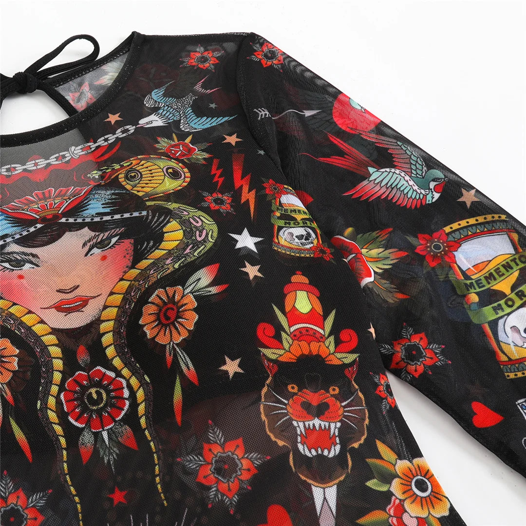 Damen-Badeanzug 3-teilig Print Langarm Sarong-Set gepolstert